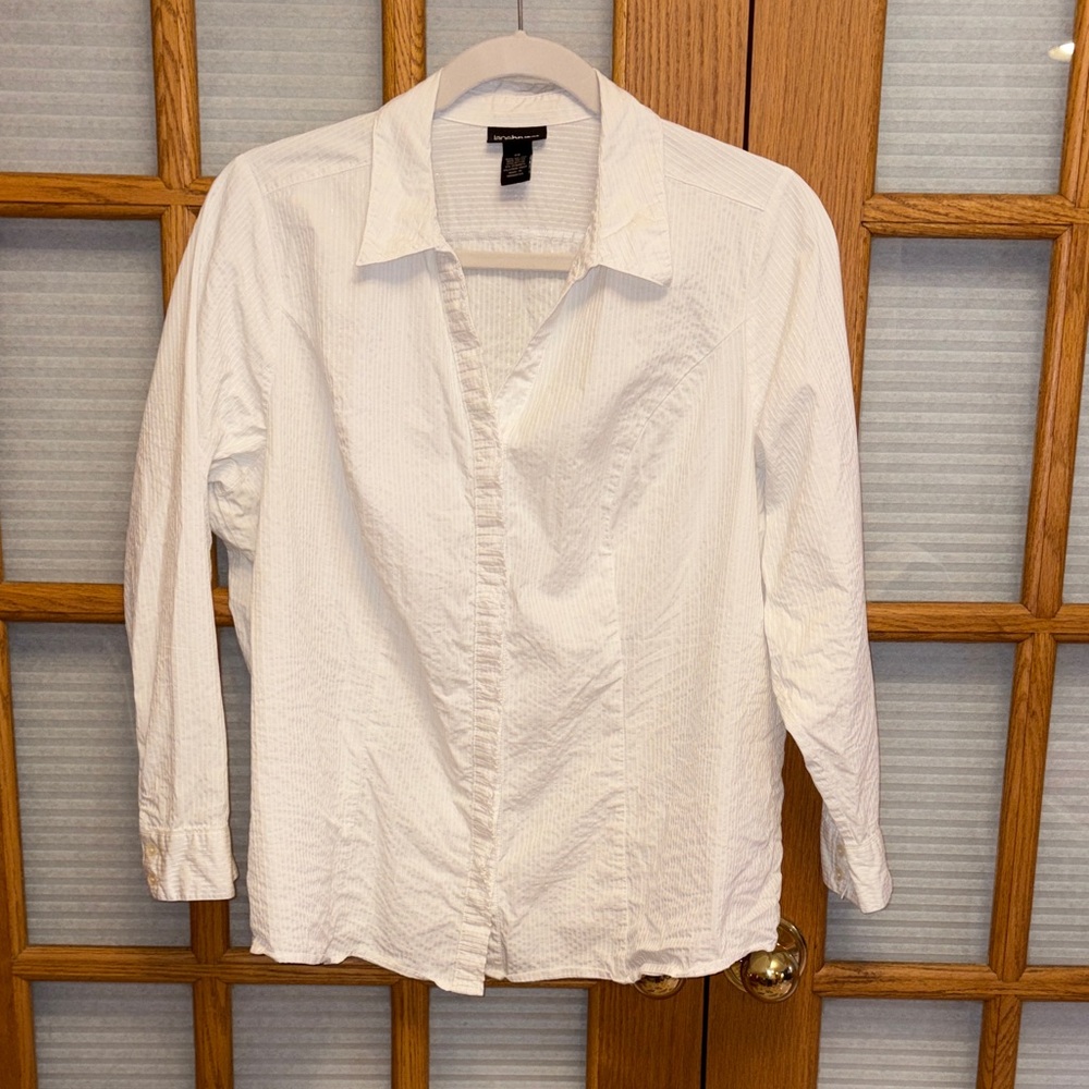 EUC Lane Bryant White Striped Blouse with silver thread accent